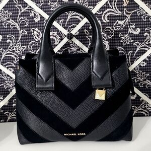 Michael Kors Rollins stripe satchel crossbody top handle suede pebbled leather